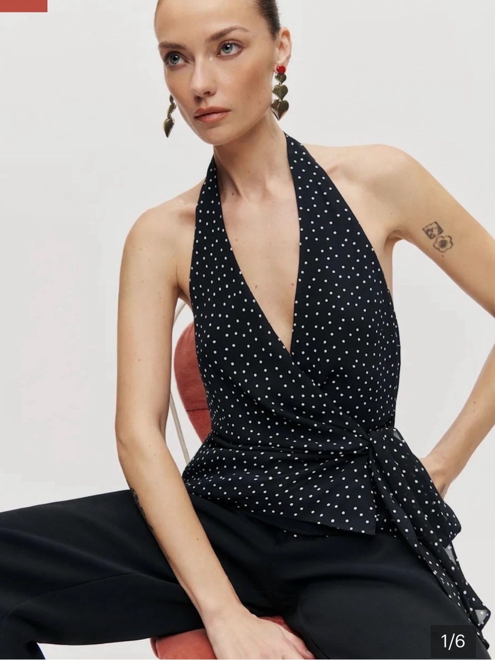 Reformation Nila Wrap Halter Top Size Small in “Serene” Polka Dots
